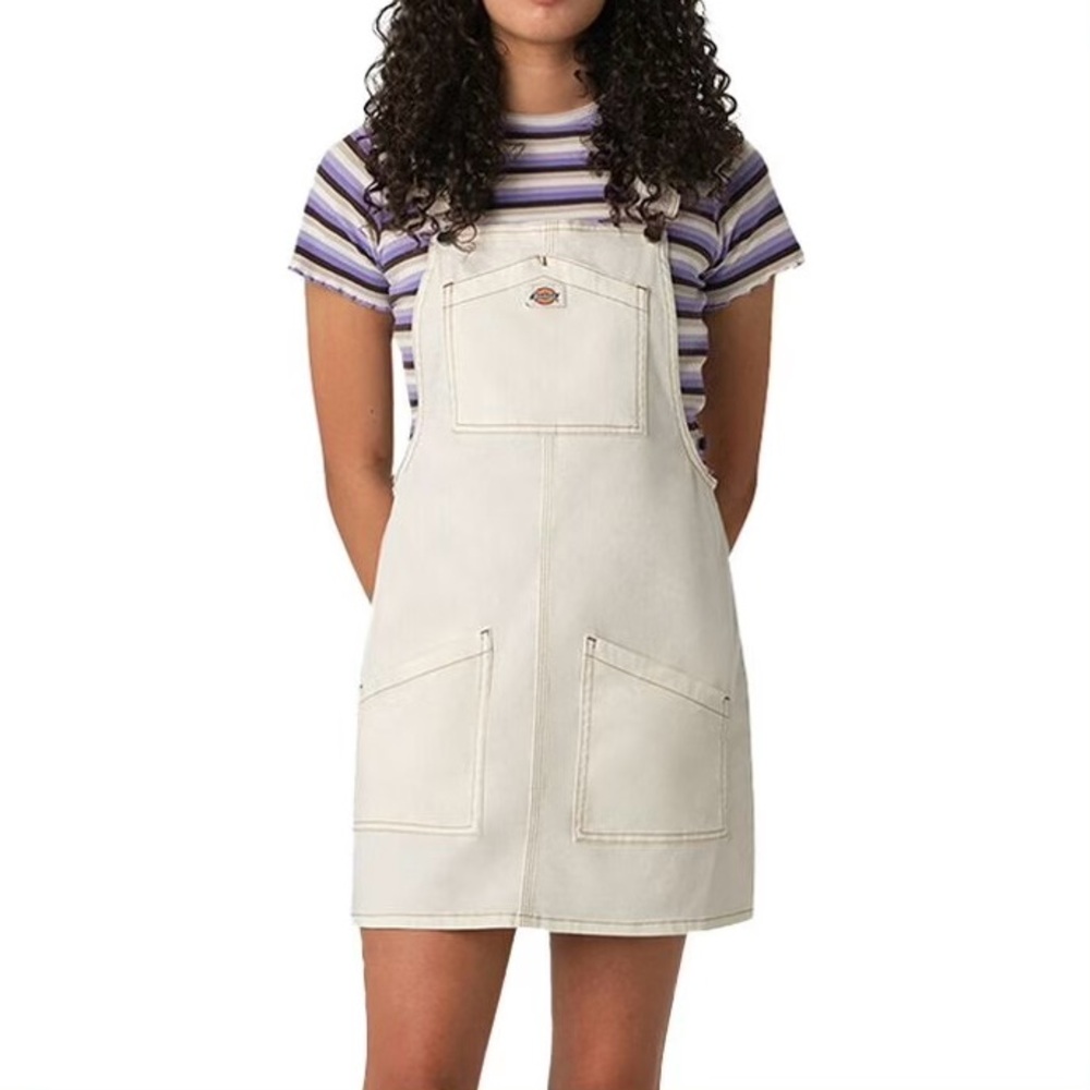 Cute Dickies Off-White Twill Bib Skirtall big pockets Overall Dress